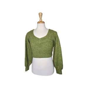 Oak + Fort Cropped Moss Green Fuzzy Knit Sweater Balloon Sleeve XS Cozy Knit